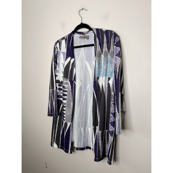 Chico's Easywear Abstract Print Open Cardigan Sweater Chicos Blue Purple Size 2 - Picture 2 of 9